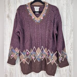 Vintage Hand Knit Oversized V Neck Floral 90’s Cotton Ramie Sweater Size M